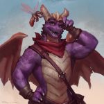  1:1 activision aged_up alternate_version_at_source anthro armwear arthropod claws clothing dragon dragonfly duo eyewear facial_hair glasses hand_on_hip hi_res horn insect looking_at_another male mustache neckerchief open_mouth open_smile purple_body purple_eyes purple_scales scales smile sparx spyro spyro_the_dragon taran_fiddler teeth video_games wings 