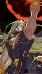  1boy arm_up armpits bare_pecs beelzebub_(granblue_fantasy) black_bodysuit blonde_hair bodysuit bracelet covered_abs dark_skin dark_skinned_male fighting_stance furumi_showichi granblue_fantasy jewelry lipstick long_hair looking_at_viewer makeup male_focus muscle red_eyes skin_tight solo upper_body very_long_hair 