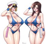  2girls areola_slip areolae blonde_hair blush breasts brown_hair condom condom_box condom_packet_strip condom_wrapper covered_nipples gundam gundam_seed gundam_seed_destiny hat huge_breasts military_hat multiple_girls murrue_ramius navel o-ring o-ring_bikini onomeshin plump puffy_nipples salute slingshot_swimsuit smile sweat swimsuit talia_gladys 