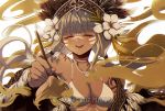  1girl alternate_costume artist_name bangs bikini blunt_bangs breasts cleavage closed_eyes collarbone criis-chan danganronpa dark_skin dark_skinned_female earrings eyebrows_visible_through_hair facial_mark floating_hair flower hair_flower hair_ornament holding jewelry long_hair low_twintails medium_breasts necklace new_danganronpa_v3 open_mouth paintbrush shell_necklace smile solo swimsuit twintails upper_body upper_teeth white_bikini white_flower yonaga_angie 