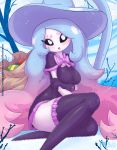  bag big_breasts blush breasts clothing female gift gloves handwear hat hatterene headgear headwear humanoid legwear looking_at_viewer nintendo pok&eacute;mon pok&eacute;mon_(species) rilex_lenov sitting snow solo stockings video_games witch_hat 