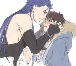  2boys bare_shoulders black_gloves blue_eyes blue_hair blush brown_hair clenched_teeth commentary_request crying crying_with_eyes_open cu_chulainn_(fate)_(all) earrings elbow_gloves eye_contact fate/grand_order fate_(series) fingerless_gloves from_side fujimaru_ritsuka_(male) fur_trim gloves highres jewelry lancer long_hair looking_at_another male_focus mondi_hl multiple_boys short_hair simple_background tears teeth translation_request white_background yaoi 