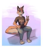  2020 anthro barefoot bottomwear canid canine cheek_tuft clothed clothing enginetrap facial_tuft fox full-length_portrait fully_clothed fur gesture head_tuft hi_res light lighting looking_at_viewer mammal orange_body orange_fur pants portrait shirt sitting solo t-shirt topwear tuft v_sign 