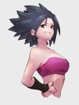  1girl bare_shoulders black_hair breasts brown_eyes caulifla cleavage clenched_teeth dragon_ball dragon_ball_super grey_background kemachiku looking_at_viewer medium_breasts short_hair simple_background smile solo teeth upper_body 