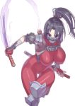  1girl arm_guards armor bandaged_arm bandages bangs black_hair bodysuit breasts covered_navel covered_nipples hair_ornament hair_stick high_ponytail highres holding holding_sword holding_weapon large_breasts ninja parted_bangs purple_eyes red_bodysuit reverse_grip shoulder_armor skin_tight soulcalibur sword taki_(soulcalibur) thigh_gap thighs weapon yagi2013 