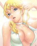  adjusting_hair bare_shoulders blonde_hair blue_eyes breasts choker claymore cleavage flora_(claymore) head_tilt jewelry khalitzburg large_breasts necklace no_bra open_mouth shiny shiny_skin solo wavy_hair wet 