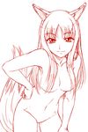  animal_ears bent_over breasts holo lineart long_hair medium_breasts misnon_the_great monochrome nude sketch solo spice_and_wolf tail wolf_ears 