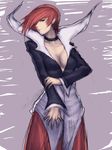  breasts brown_eyes choker cleavage closed_mouth collar collarbone expressionless fumio_(rsqkr) genderswap genderswap_(mtf) hand_on_own_arm head_tilt holding_arm large_breasts long_sleeves looking_at_viewer pants red_hair red_pants short_hair snk solo standing the_king_of_fighters yagami_iori 