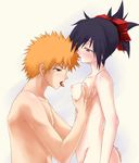  1girl ass ass_grab black_hair bleach bleach:_memories_of_nobody blush breast_grab breast_licking breasts brown_eyes grabbing hair_ribbon hetero iwasaki_takashi kurosaki_ichigo licking nipples nude orange_hair ponytail ribbon saliva senna small_breasts spiked_hair tongue yellow_eyes 