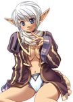  bard_(final_fantasy) blue_eyes blush braid breasts elf elvaan final_fantasy final_fantasy_xi katy_(artist) large_breasts lowres open_clothes open_shirt panties pointy_ears shirt solo underwear white_hair 