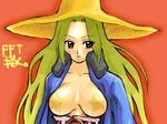  black_mage black_mage_(fft) blonde_hair breasts brown_eyes cleavage final_fantasy final_fantasy_tactics hat jacket large_breasts long_sleeves looking_at_viewer open_clothes open_jacket pasties red_background sash simple_background solo upper_body witch_hat 