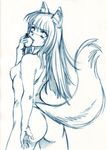  animal_ears apple ass breasts eating food fruit hisahiko holding holding_food holding_fruit holo long_hair monochrome nude small_breasts solo spice_and_wolf tail wolf_ears 