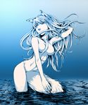  adjusting_hair animal_ears bad_id bad_pixiv_id between_thighs blue breasts buchi_(pixiv30168) holo long_hair monochrome no_nipples nude red_eyes solo spice_and_wolf spot_color tail water wolf_ears 