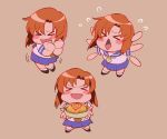  1girl afterimage blue_skirt blush blush_stickers bowl brown_background brown_hair chibi closed_eyes flying_sweatdrops food giving heart higurashi_no_naku_koro_ni holding holding_bowl iku_(ikuchan_kaoru) multiple_views open_mouth ryuuguu_rena short_hair simple_background skirt smile sweatdrop uniform yellow_neckwear 