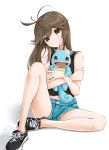  1girl :d antenna_hair black_footwear brown_eyes brown_hair chaesu full_body gen_1_pokemon green_(pokemon) head_tilt highres holding holding_pokemon light_smile long_hair looking_at_viewer midriff_peek navel open_mouth pokemon pokemon_(creature) pokemon_(game) pokemon_lgpe red_eyes shoes short_shorts shorts signature simple_background sitting sitting_on_floor smile sneakers squirtle symbol_commentary white_background 