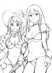  2girls breasts character_request cleavage closed_mouth gloves hat long_hair looking_at_viewer monochrome multiple_girls open_mouth simple_background swimsuit ueyama_michirou white_background 