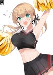  1girl absurdres aqua_eyes arm_up black_skirt blonde_hair blush breasts cheering cheerleader edel_(edelcat) eyebrows_visible_through_hair hair_between_eyes heart highres kantai_collection large_breasts long_hair low_twintails no_hat no_headwear open_mouth pleated_skirt pom_poms prinz_eugen_(kantai_collection) skirt smile solo twintails twitter_username 