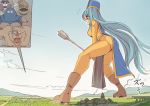  1girl blue_hair blue_tabard bodysuit boots brown_footwear cloud commentary_request dragon_quest dragon_quest_iii giantess hat highres holding holding_staff hood_(dragon_quest) house knight long_hair mitre monster open_mouth orange_bodysuit priest_(dq3) print_headwear red_eyes seo_tatsuya skeleton skeleton_(dragon_quest) sky slime_(dragon_quest) staff tabard tree 