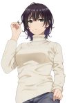  1girl :o bangs black_hair blush breasts brown_eyes eyebrows_behind_hair hair_between_eyes hair_tousle hand_up long_sleeves mattaku_mousuke original parted_lips ribbed_sweater simple_background small_breasts solo sweater twitter_username upper_body white_background white_sweater 