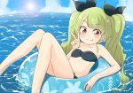  1girl :p anchovy_(girls_und_panzer) bandeau bangs barashiya bikini black_bikini black_ribbon blue_sky blurry blurry_background breasts closed_mouth cloud cloudy_sky commentary day depth_of_field drill_hair eyebrows_visible_through_hair girls_und_panzer green_hair hair_ribbon horizon innertube long_hair looking_at_viewer ocean outdoors red_eyes ribbon sitting sky small_breasts smile solo strapless strapless_bikini sun swimsuit tongue tongue_out twin_drills twintails v water 