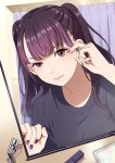  1girl bangs black_shirt brown_eyes closed_mouth collarbone eyebrows_behind_hair eyelash_curler hand_up long_hair looking_at_viewer mattaku_mousuke mirror nail_polish original purple_hair purple_nails reflection shirt solo two_side_up 