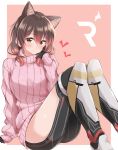  1girl animal_ear_fluff animal_ears arm_support black_gloves black_legwear border breasts brown_hair cat_ears gloves gradient greaves hand_on_own_chest hand_up heart highres hololive initial jiino knees large_breasts light_smile long_hair looking_to_the_side low_twintails pink_background pink_sweater red_hair ribbon roboco-san short_twintails sitting sleeves_past_wrists solo sweater thighs twintails white_border yellow_eyes 
