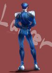  1boy armor ass back beads blue_hair bodysuit character_name cu_chulainn_(fate)_(all) earrings fate/stay_night fate_(series) from_behind full_body hair_beads hair_ornament hands_on_hips jewelry kourioni lancer long_hair male_focus muscle pauldrons ponytail shoulder_armor simple_background skin_tight solo spiked_hair standing twitter_username type-moon 