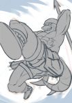  absurd_res action_pose anthro bandanna clothed clothing fish hi_res isaribi kerchief live-a-hero male marine melee_weapon monochrome muscular muscular_anthro muscular_male polearm pose shark sige315 sketch solo spear topless weapon 