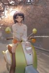  1girl absurdres artist_name bangs black_legwear blurry blurry_background closed_mouth commentary_request day depth_of_field gao_guangyue ground_vehicle highres honkai_(series) honkai_impact_3rd leaf long_hair looking_at_viewer motor_vehicle motorcycle outdoors ponytail purple_eyes purple_hair raiden_mei road shiny shiny_hair smile solo straddling sunlight thighhighs tree 