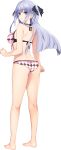  1girl absurdres argyle_bikini ass bangs barefoot blue_eyes blunt_ends expressionless full_body game_cg halter_top halterneck highres iizuki_tasuku long_hair official_art silver_hair solo standing suiren_to_shion transparent_background two_side_up wakami_shion 