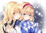  2girls :p adapted_costume alice_margatroid blonde_hair blue_dress blue_eyes blush breasts closed_mouth commentary_request dress eyebrows_visible_through_hair eyes_visible_through_hair gradient gradient_background hair_between_eyes hairband hug kirisame_marisa long_hair looking_at_viewer medium_breasts multiple_girls nanase_nao no_hat no_headwear red_hairband scarf short_hair simple_background smile snowing striped striped_scarf tongue tongue_out touhou upper_body white_sleeves winter_clothes yellow_eyes yuri 