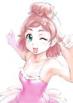  1girl armpits breasts brown_hair dress go!_princess_precure green_eyes hair_ornament haruno_haruka looking_at_viewer open_mouth precure short_hair simple_background smile solo ueyama_michirou white_background 