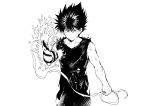  1boy arm_tattoo bandages bare_shoulders dragon_tattoo fingernails greyscale hair_between_eyes hiei_(yuu_yuu_hakusho) highres holding_bandages iku_(ikuchan_kaoru) male_focus monochrome open_hand parted_lips simple_background smile solo spiked_hair tattoo third_eye torn torn_clothes white_background yuu_yuu_hakusho 