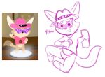  2020 4_fingers anthro black_nose bottomless bowling_ball canid canine clothed clothing colored_sketch dialogue dipstick_tail dot_eyes eyewear fan_character featureless_crotch felino fennec fingers fist fox fur hat headgear headwear jumping male mammal multicolored_tail open_mouth pink_clothing pink_hat pink_headwear pink_shirt pink_topwear purple_sunglasses screencap shirt simple_background sketch smile solo sunglasses super_animal_royale t-shirt tan_body tan_fur tan_inner_ear topwear white_background yeehaw 