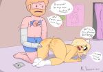  absurd_res adventure_time angry anthro beard blonde_hair bronwyn butt canid canine canis cartoon_network facial_hair female finn_the_human hair hi_res horn human male mammal mr_valentine00 rainicorn spank_marks spanking tattoo_on_chest thick_thighs yellow_body 