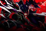  1boy blood cu_chulainn_(fate)_(all) cu_chulainn_alter_(fate/grand_order) curruid_coinchenn dark_persona earrings fate/grand_order fate_(series) from_side horns jewelry male_focus monster_boy open_mouth red_background sharp_teeth shirakichi single_horn solo teeth transformation type-moon 