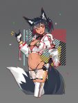  1girl absurdres animal_ear_fluff animal_ears bangs bikini black_bikini black_hair breasts cropped_jacket cropped_legs dark_skin dark_skinned_female deel_(rkeg) eyebrows_visible_through_hair fox_ears fox_shadow_puppet fox_tail gloves grey_background hand_on_hip highres navel open_mouth original red_eyes see-through short_ponytail shorts small_breasts solo swimsuit tail thighhighs 