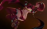  1girl armor ass bangs boots breasts butt_crack cait_aron commentary covered_navel earrings fingerless_gloves gloves jewelry large_breasts looking_at_viewer nintendo pyra_(xenoblade) red_background red_eyes red_hair red_shorts shorts shoulder_armor sidelocks smile solo swept_bangs thighhighs tiara xenoblade_chronicles_(series) xenoblade_chronicles_2 
