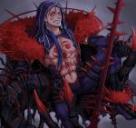  1boy abs angry bodypaint cape claptrack claws cu_chulainn_(fate)_(all) cu_chulainn_alter_(fate/grand_order) dark_blue_hair dark_persona detached_hood earrings elbow_gloves facepaint fate/grand_order fate_(series) fur fur-trimmed_cape fur_trim gae_bolg gloves highres hood hood_up jewelry knee_up long_hair looking_at_viewer male_focus monster_boy muscle navel pants ponytail red_eyes sharp_teeth shirtless skin_tight solo spikes tail teeth type-moon 