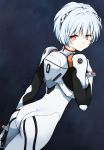  1girl absurdres ass ayanami_rei bangs blue_background blue_hair bodysuit cowboy_shot dutch_angle expressionless from_behind hair_between_eyes hairpods hand_on_own_chest highres interface_headset looking_at_viewer looking_back neon_genesis_evangelion plugsuit red_eyes shimoda_masaya short_hair solo standing white_bodysuit 