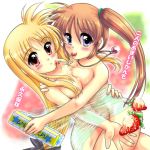 2girls blonde_hair breast_press breasts brown_hair cherry cleavage collarbone couple fate_testarossa food fruit large_breasts long_hair lyrical_nanoha mahou_shoujo_lyrical_nanoha_strikers mahou_shoujo_lyrical_nanoha_vivid multiple_girls nude purple_eyes red_eyes san-pon side_ponytail simple_background strawberry symmetrical_docking takamachi_nanoha translation_request very_long_hair wrapped_up yuri 