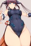  1girl absurdres bangs bare_shoulders black_dress blue_eyes blunt_bangs breasts china_dress chinese_clothes closed_mouth commentary_request covered_navel detached_sleeves dress eyebrows_visible_through_hair fate/grand_order fate_(series) from_below hair_ornament highres hip_bones long_hair looking_at_viewer looking_down medium_breasts no_panties outstretched_arms purple_hair side_slit sidelocks simple_background smile solo thighs tsukasawa_takamatsu twintails very_long_hair yang_guifei_(fate/grand_order) 