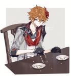  1boy armor bangs beans black_gloves blue_eyes chair chopsticks closed_mouth dated eyebrows_visible_through_hair genshin_impact gloves hair_between_eyes highres holding holding_chopsticks jacket male_focus mask mask_on_head minatsuki_(lapislazzuli169) orange_hair plate red_scarf scarf shoulder_armor simple_background sitting solo sweat table tartaglia_(genshin_impact) trembling twitter_username two-tone_background 