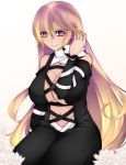  1girl aoshima bare_shoulders black_dress blonde_hair breasts cleavage cleavage_cutout clothing_cutout commentary_request dress ear_piercing flower flower_request hand_in_hair highres hijiri_byakuren jewelry large_breasts light_smile long_hair looking_at_viewer mature multicolored_hair navel parted_lips piercing purple_eyes purple_hair ring sitting solo stomach_cutout touhou white_background 