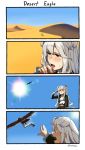  1girl bird desert desert_eagle desert_eagle_(girls_frontline) eagle english_commentary english_text girls_frontline gun gun_to_head handgun highres jacket kion-kun open_clothes open_jacket open_mouth sand sun sun_glare sweat tears too_literal twitter_username weapon white_hair yellow_eyes 