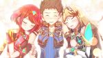  1boy 2girls arm_holding armor bangs blonde_hair blue_shirt blush breast_press breasts brown_hair cleavage cleavage_cutout closed_eyes clothing_cutout dual_persona elbow_gloves fingerless_gloves gem gloves glowing hair_ornament headpiece highres holding jewelry large_breasts light long_hair multiple_girls mythra_(xenoblade) nervous pyra_(xenoblade) red_hair rex_(xenoblade) rurutan_(kohamatrio) shirt short_hair shy smile swept_bangs tiara trio very_long_hair xenoblade_chronicles_(series) xenoblade_chronicles_2 yellow_eyes 