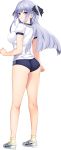  1girl absurdres ass bangs blue_eyes blush eyebrows_visible_through_hair full_body game_cg gym_shirt highres iizuki_tasuku long_hair looking_back official_art shirt shoes short_sleeves silver_hair smile sneakers solo standing suiren_to_shion two_side_up wakami_shion 