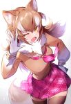  1girl animal_ears blush brown_hair brown_legwear brown_sweater commentary_request cowboy_shot eyebrows_visible_through_hair fang fur_collar gloves hasumikaoru japanese_wolf_(kemono_friends) kemono_friends kemono_friends_3 long_hair long_sleeves multicolored_hair neckerchief one_eye_closed open_mouth plaid_neckwear pleated_skirt purple_neckwear purple_skirt sailor_collar school_uniform serafuku skirt solo sweater tail thighhighs white_fur white_gloves white_hair wolf_ears wolf_girl wolf_tail yellow_eyes zettai_ryouiki 
