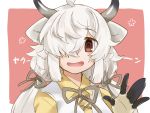  1girl animal_ears bangs black_horns brown_eyes collared_shirt eyebrows_visible_through_hair gloves grey_horns grey_ribbon hair_over_one_eye hair_ribbon hand_up highres horns isobee kemono_friends long_hair looking_at_viewer multicolored_horns neck_ribbon open_mouth outstretched_hand ox_ears ox_girl ox_horns parted_bangs ribbon shirt smile solo twintails upper_body white_hair wing_collar yak_(kemono_friends) 