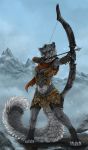  2015 4_toes 5_fingers alternate_version_at_source anthro archer armor arrow bethesda_softworks biped bow_(weapon) breasts clothed clothing detailed_background deyvarah digital_media_(artwork) digitigrade felid female fingers fur gloves_(marking) khajiit leg_markings mammal markings midriff mountain pantherine ranged_weapon red_eyes sky skyrim snow snow_leopard socks_(marking) solo standing the_elder_scrolls toeless_(marking) toes video_games weapon 